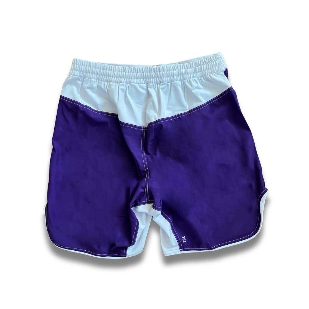 S03.Mid thigh cut shorts - Purple/white